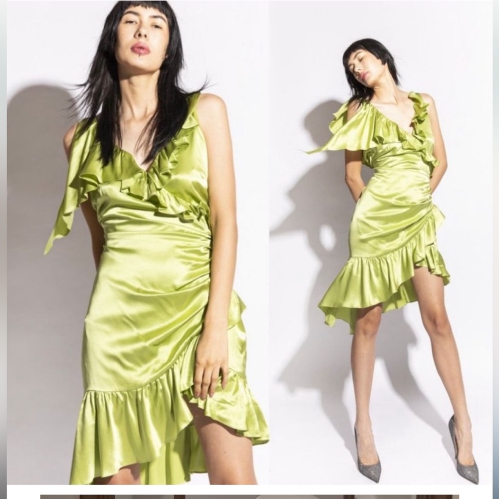 Cinq á Sept Silk Dress Green V-Neck Wrap Midi Asymmetrical Hem Dress